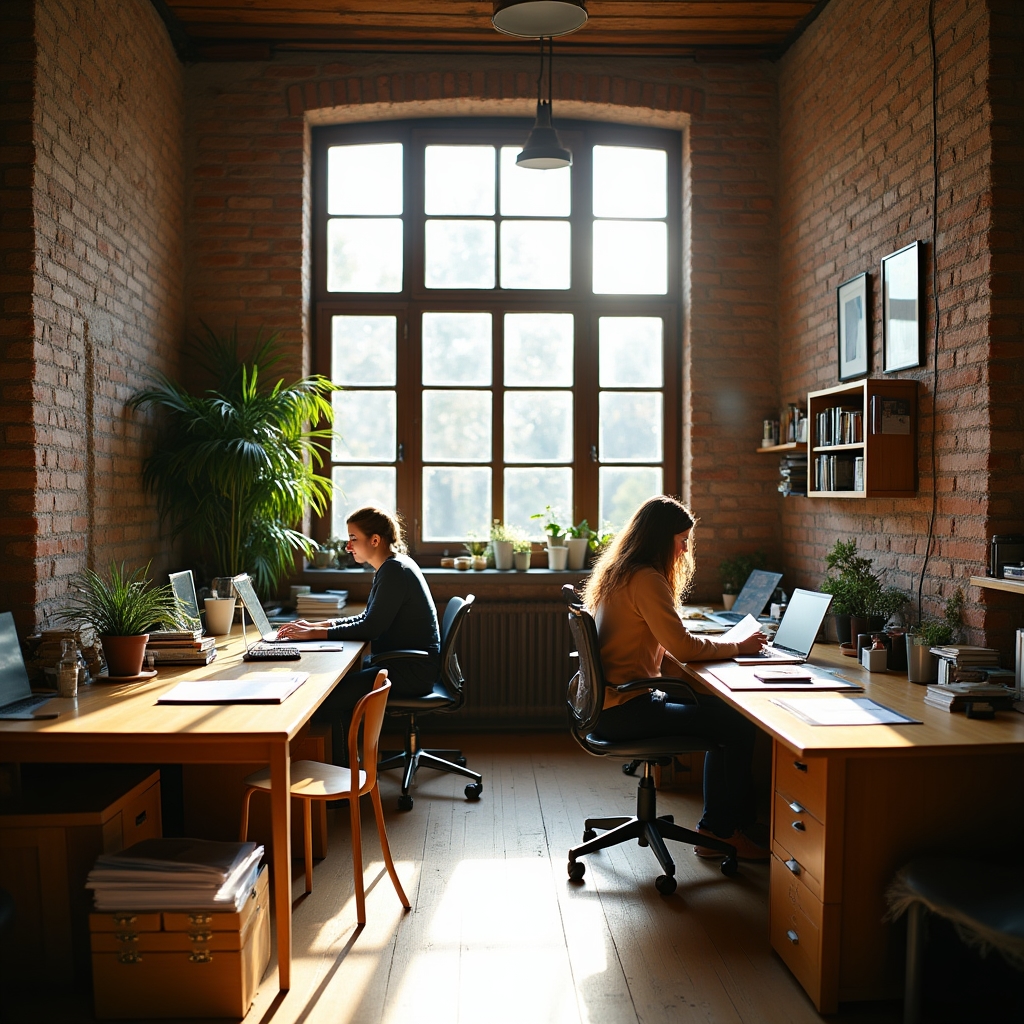 Editorial workspace in Rzeszow with open notebooks, a laptop, and natural light from large windows