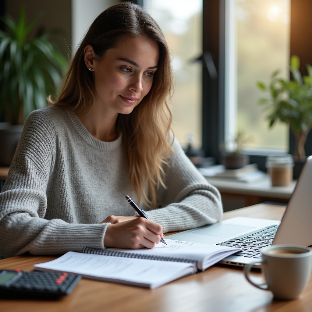 Operator working through cost per transaction calculations in a notebook with a calculator and coffee on a wooden desk